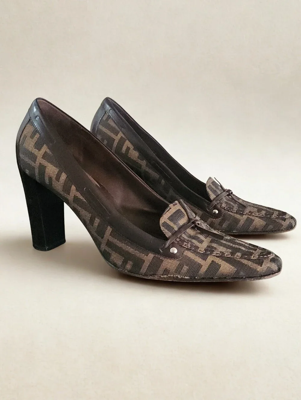 Vintage Fendi Zucca Monogram Canvas Loafer Pump Heels Brown Sz 40